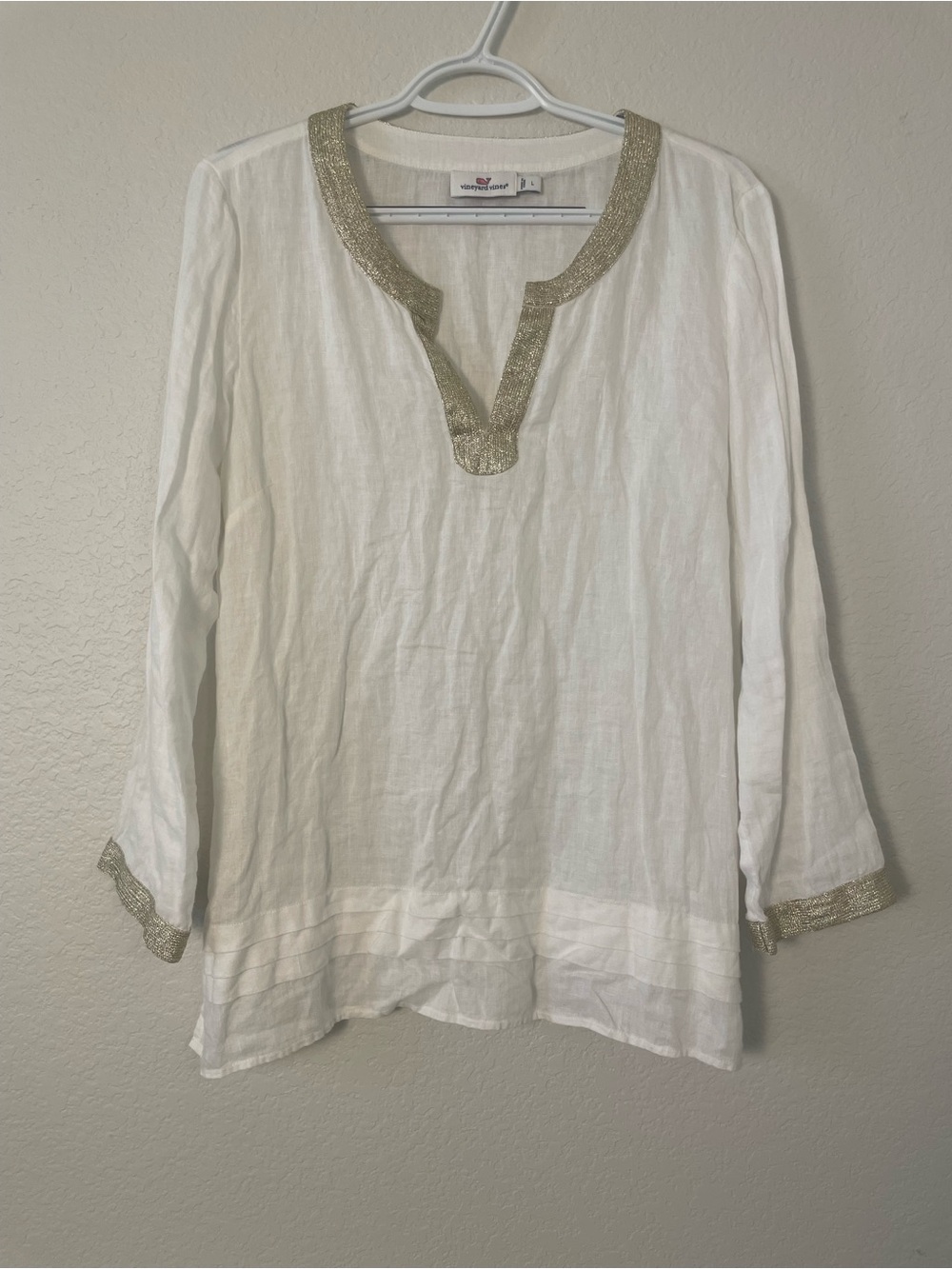 Vineyard Vines 100% Linen White Gold Trim Tunic Top Size L